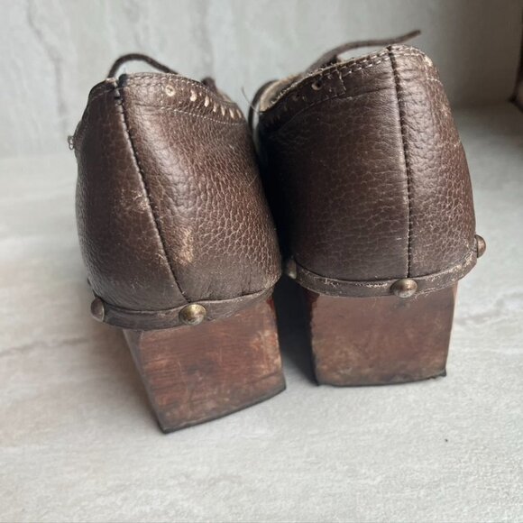 ** Vintage 90s Y2K Leather Lace up Chunky Wooden Clog Heels Size 6 - Picture 4 of 12